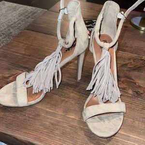 Tan taupe ankle strap heels with fringe